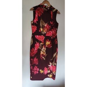 Maggy London Women's Midi Sleeveless Sheath‎ W/Neck Tie Size 8 Burgundy Floral